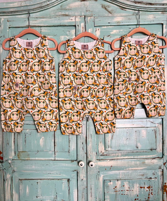 Three baby rompers with owl pattern on hangers against a rustic wooden door.
